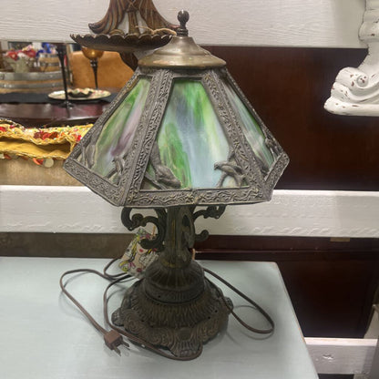 LAMP, VINTAGE BRONZE ART DECO GREEN SWAG GLASS