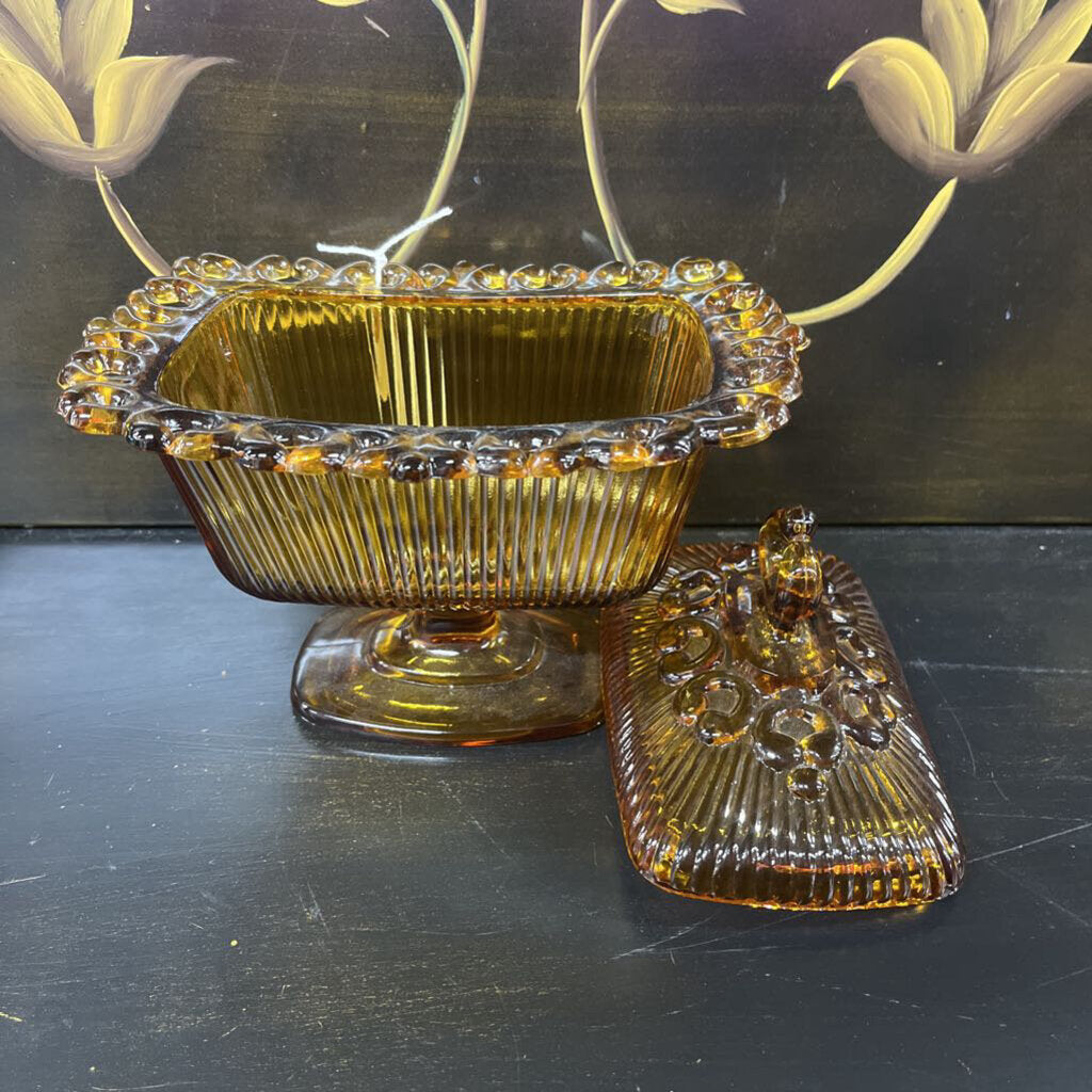 CANDY DISH, VINTAGE AMBER INDIANA GLASS