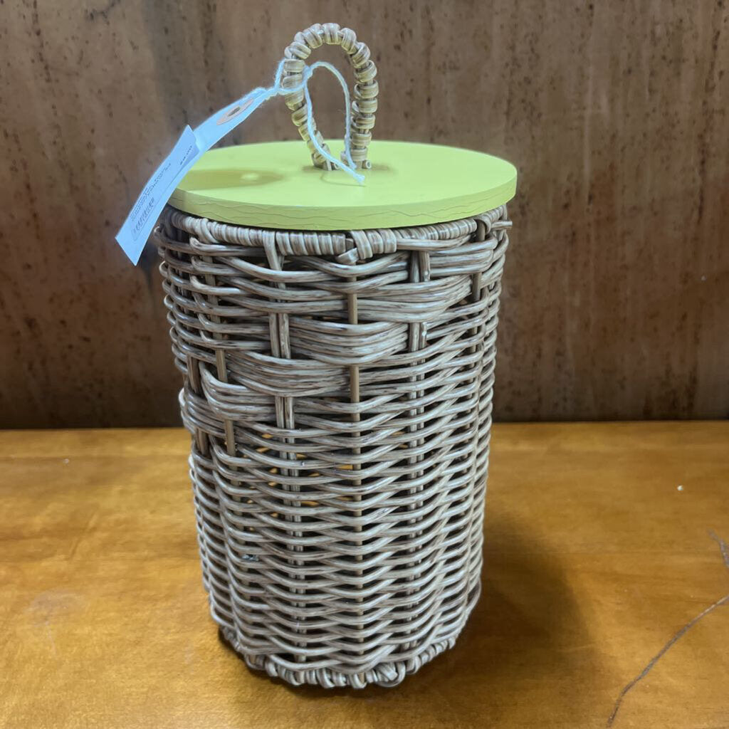 CANNISTER, FAUX WICKER/YELLOW LID