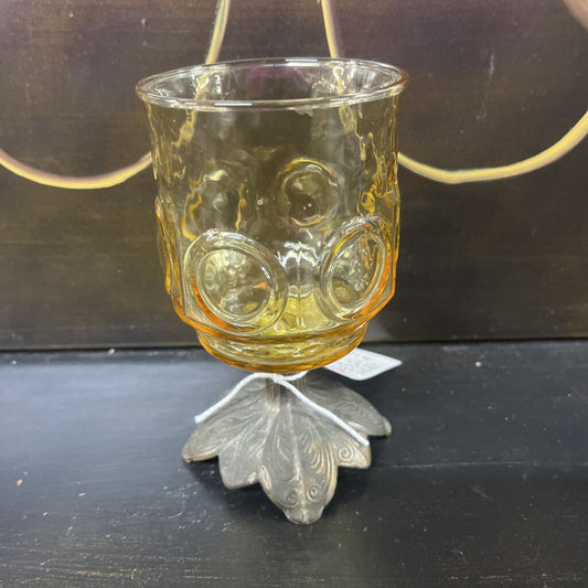 CANDLE HOLDER, VTG AMBER GLASS W/METAL BASE