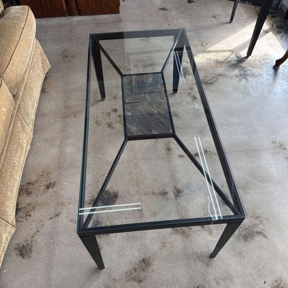 3 PC GLASS STONE AND METAL TABLE SET