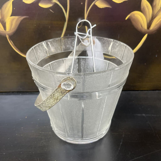 ICE BUCKET, VTG MCM GLASS BARREL W/ TONGS