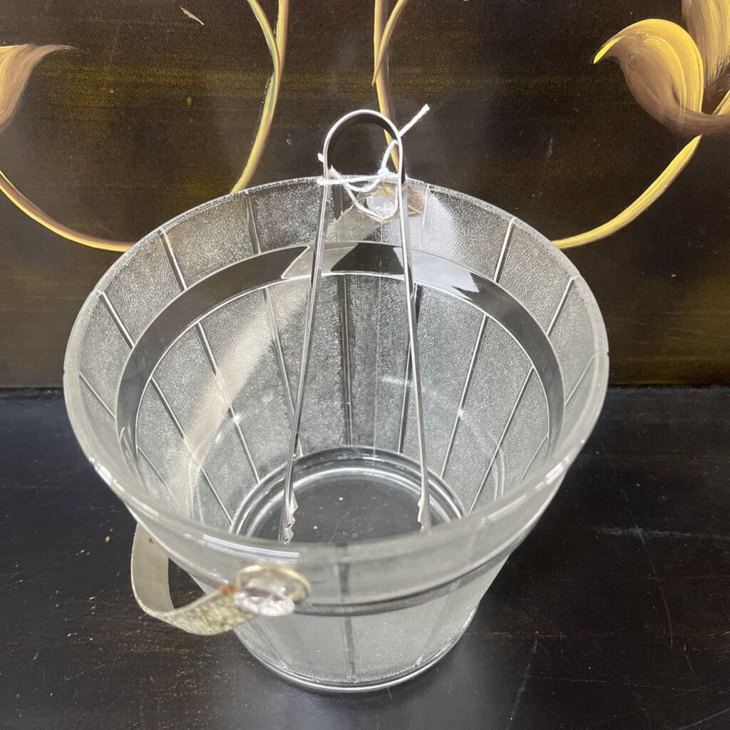 ICE BUCKET, VTG MCM GLASS BARREL W/ TONGS