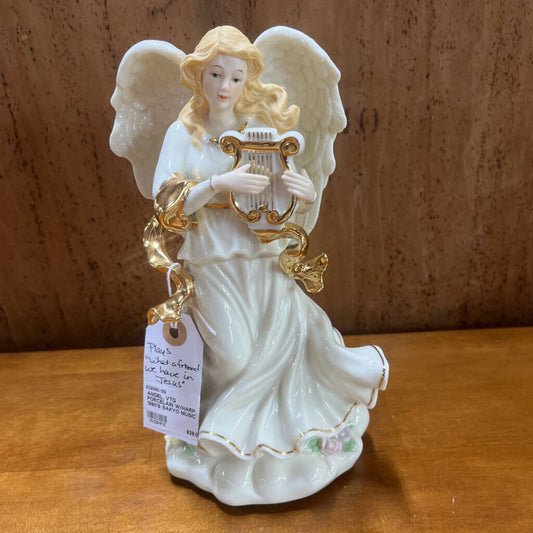 ANGEL, VTG PORCELAIN W/HARP, 1990'S SAKYO MUSIC
