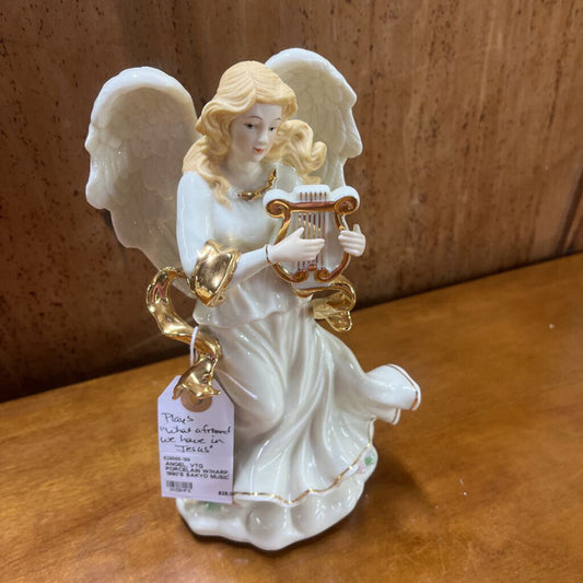 ANGEL, VTG PORCELAIN W/HARP, 1990'S SAKYO MUSIC