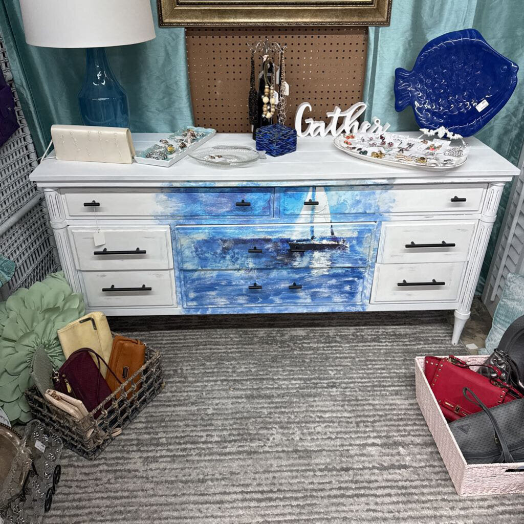 8 DRAWER MULTIPURPOSE NAUTICAL THEMED DISTRESSED DRESSER
