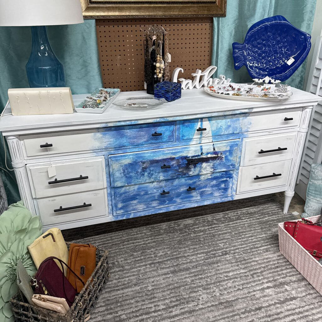 8 DRAWER MULTIPURPOSE NAUTICAL THEMED DISTRESSED DRESSER