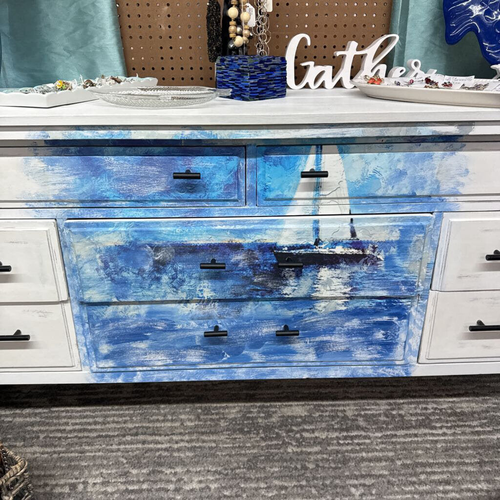 8 DRAWER MULTIPURPOSE NAUTICAL THEMED DISTRESSED DRESSER