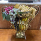 VASE, GOLD METAL DECOR W/ VINTAGE GRAPES/FRUITS