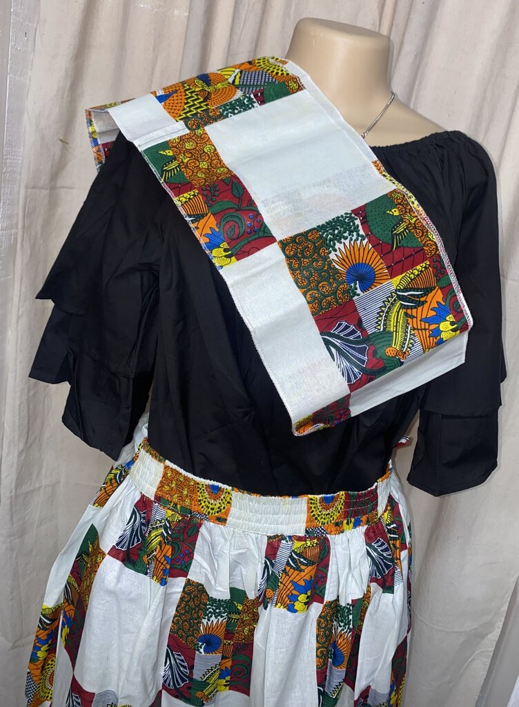 ANKARA MAXI SKIRT & HEAD WRAP - TRIBAL PATCHWORK WHITE AND PRINT