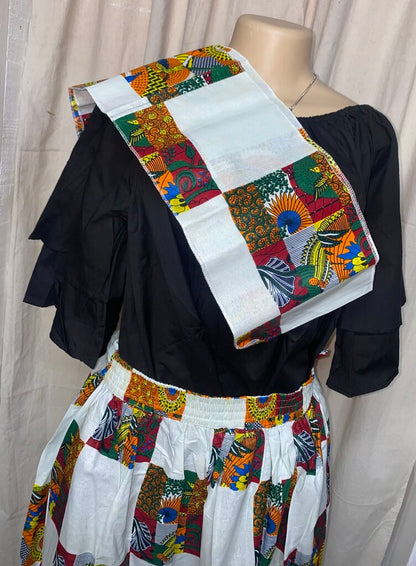 ANKARA MAXI SKIRT & HEAD WRAP - TRIBAL PATCHWORK WHITE AND PRINT