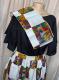 ANKARA MAXI SKIRT & HEAD WRAP - TRIBAL PATCHWORK WHITE AND PRINT
