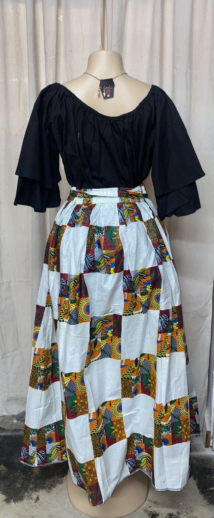 ANKARA MAXI SKIRT & HEAD WRAP - TRIBAL PATCHWORK WHITE AND PRINT