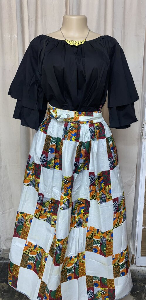 ANKARA MAXI SKIRT & HEAD WRAP - TRIBAL PATCHWORK WHITE AND PRINT