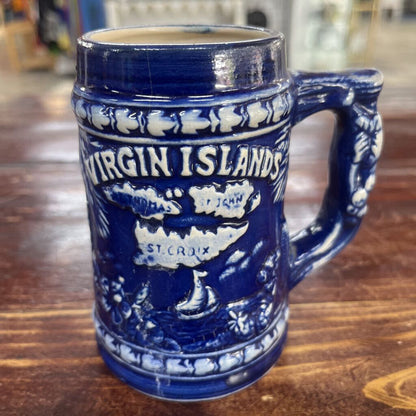 VINTAGE BLUE CERAMIC MUG STEIN BAHAMA ISLANDS BAHAMAS RARE RELIEF ART SAILING