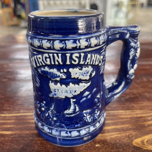 VINTAGE BLUE CERAMIC MUG STEIN BAHAMA ISLANDS BAHAMAS RARE RELIEF ART SAILING