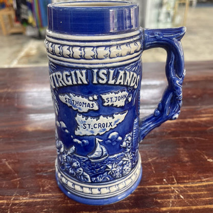 VINTAGE BLUE CERAMIC MUG STEIN VIRGIN ISLAND RARE RELIEF ART SAILING