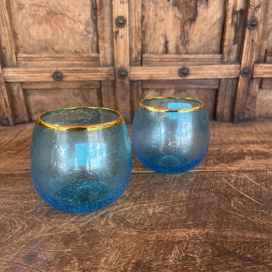 PAIR BLUE GOLD RIMMED ART GLASS CANDLEHOLDERS