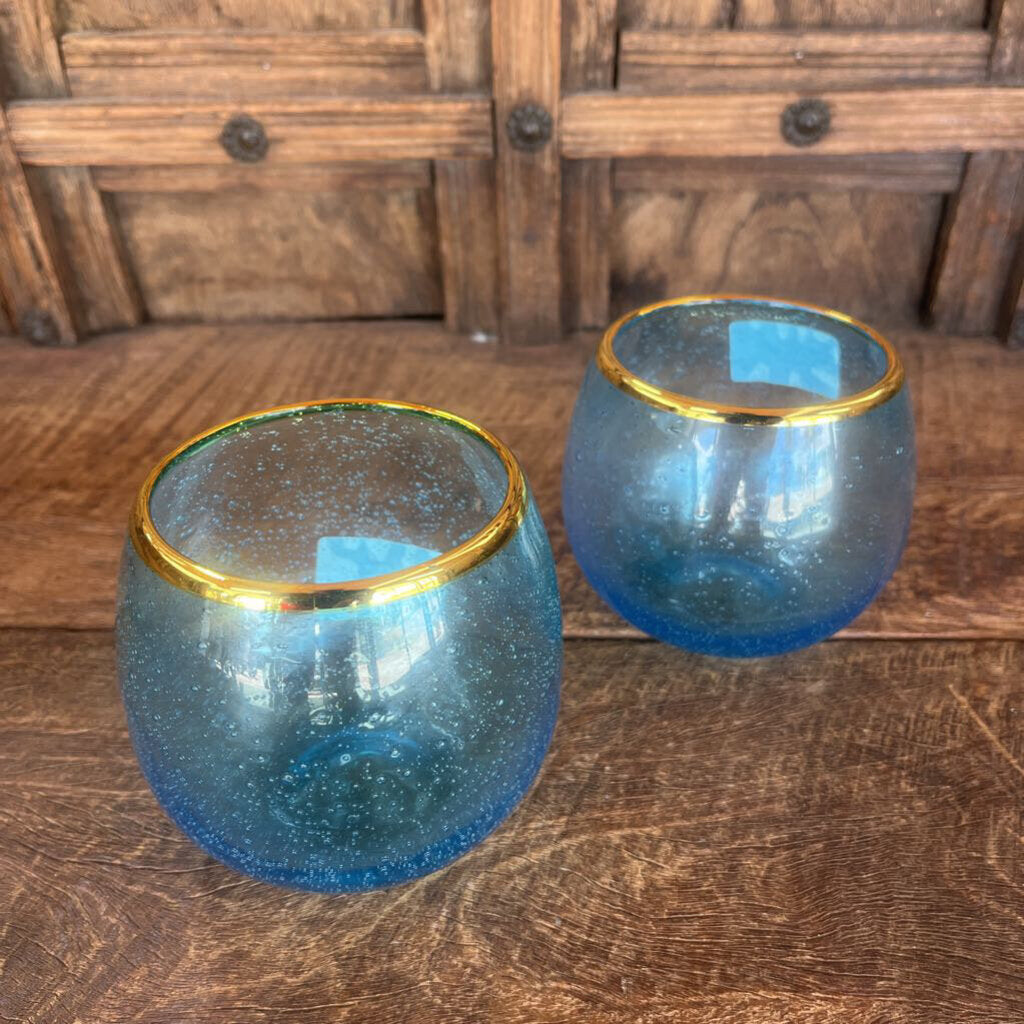 PAIR BLUE GOLD RIMMED ART GLASS CANDLEHOLDERS