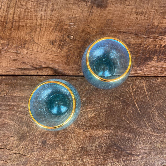 PAIR BLUE GOLD RIMMED ART GLASS CANDLEHOLDERS