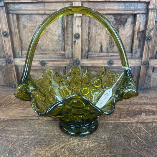 MID CENTURY GREEN ART GLASS THUMBPRINT BASKET