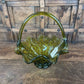MID CENTURY GREEN ART GLASS THUMBPRINT BASKET