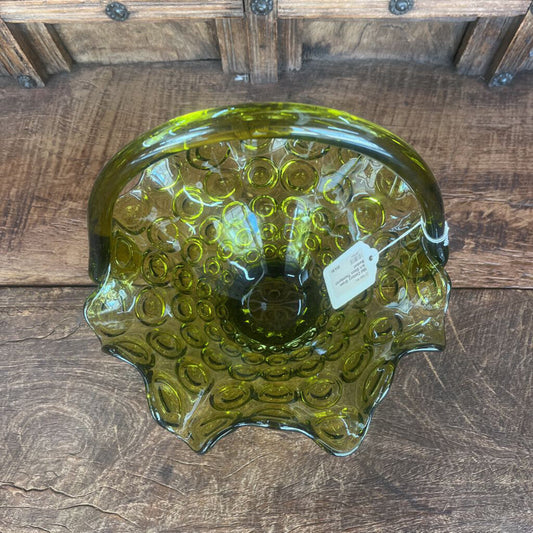 MID CENTURY GREEN ART GLASS THUMBPRINT BASKET