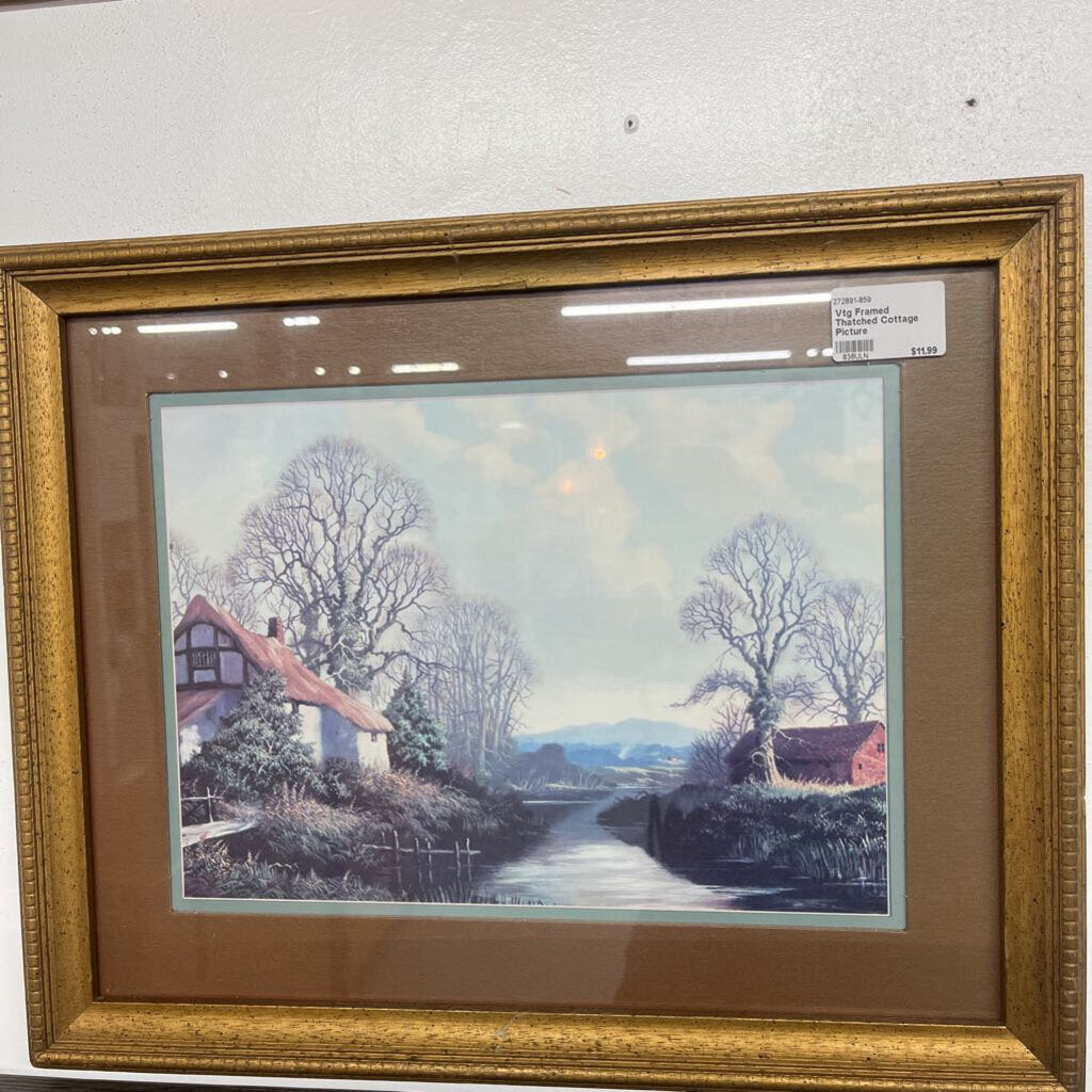 VTG FRAMED THATCHED COTTAGE PICTURE