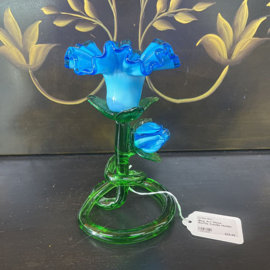 BLUE ART GLASS RUFFLE CANDLE HOLDER