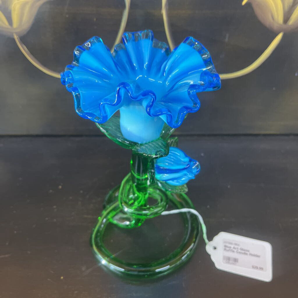 BLUE ART GLASS RUFFLE CANDLE HOLDER