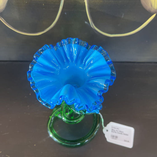 BLUE ART GLASS RUFFLE CANDLE HOLDER