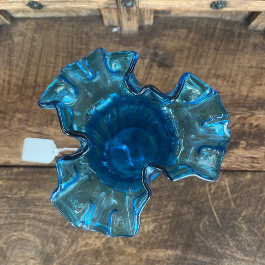 Vtg Blue Ruffle Top Art Glass Vase