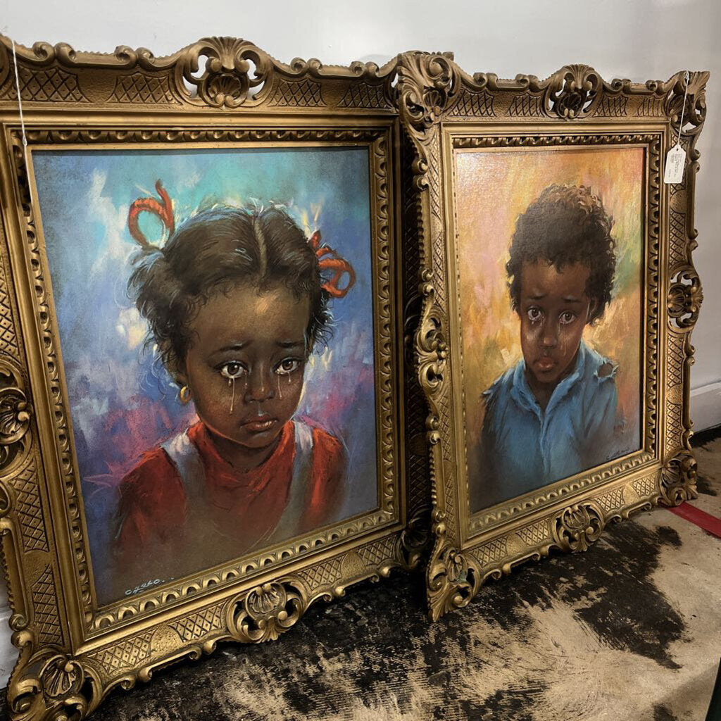 PAIR VTG BURWOOD CRYING BOY & GIRL ART SIGNED