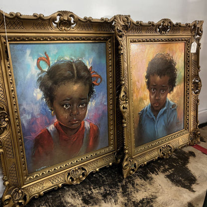 PAIR VTG BURWOOD CRYING BOY & GIRL ART SIGNED