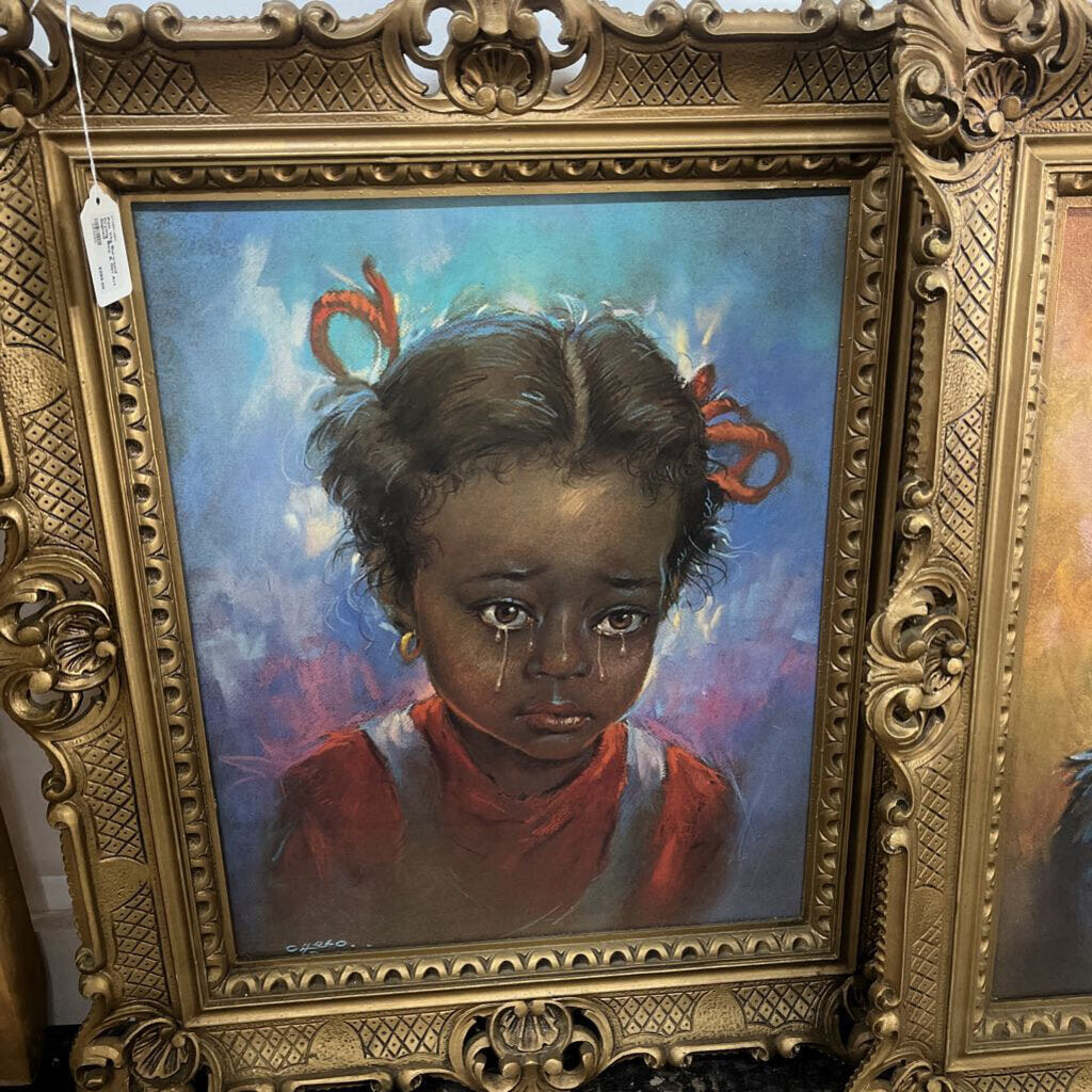 PAIR VTG BURWOOD CRYING BOY & GIRL ART SIGNED