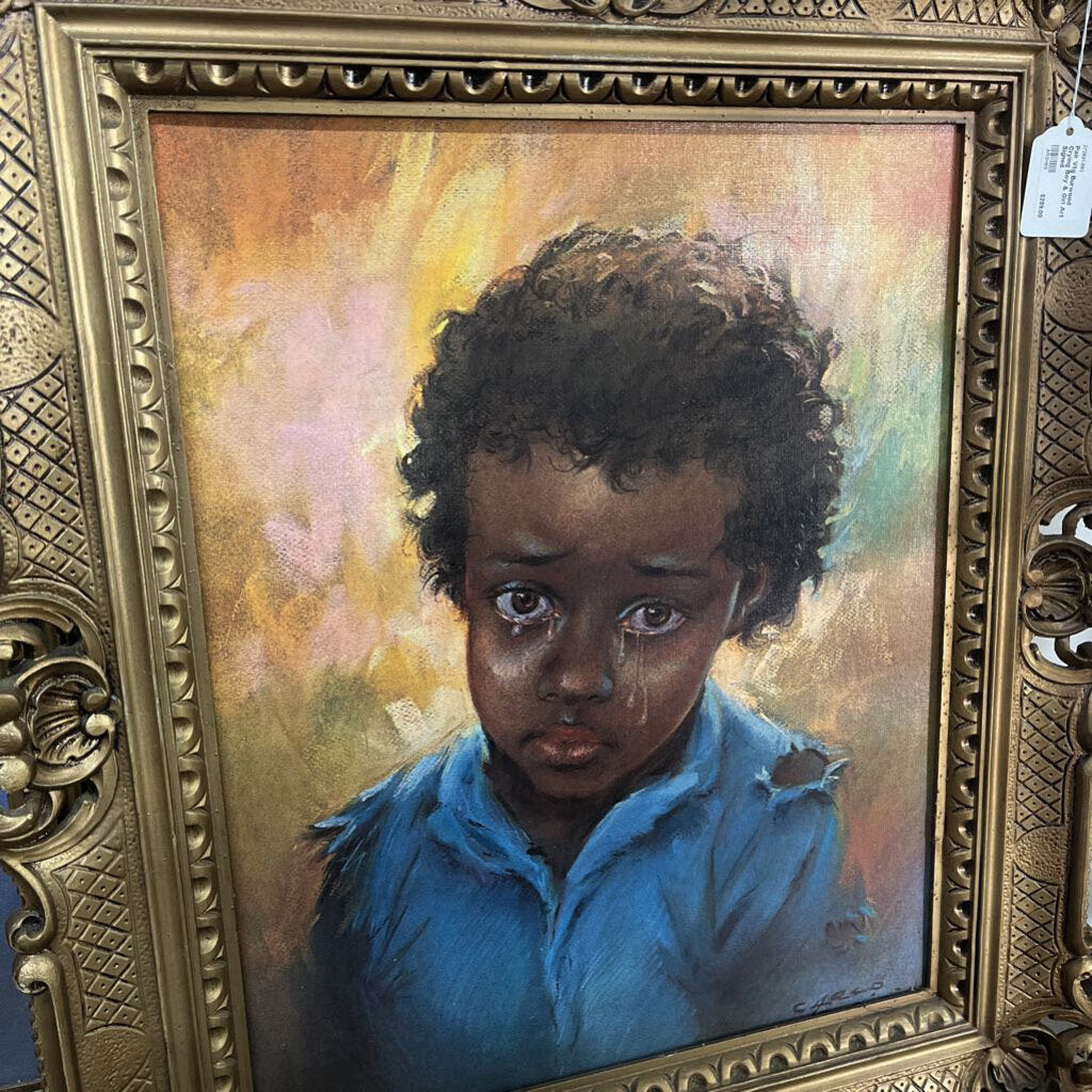 PAIR VTG BURWOOD CRYING BOY & GIRL ART SIGNED