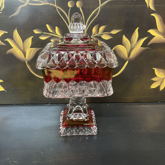 LARGE SQUARE CRANBERRY CANDY DISH W/LID