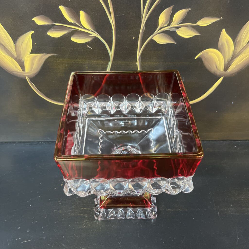 LARGE SQUARE CRANBERRY CANDY DISH W/LID