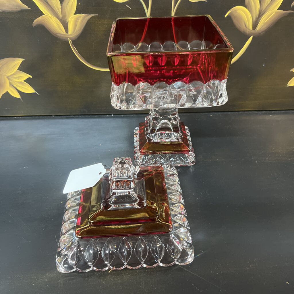 LARGE SQUARE CRANBERRY CANDY DISH W/LID