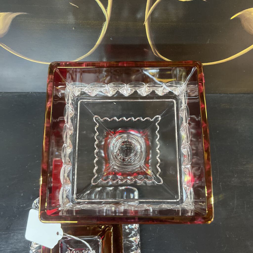 LARGE SQUARE CRANBERRY CANDY DISH W/LID