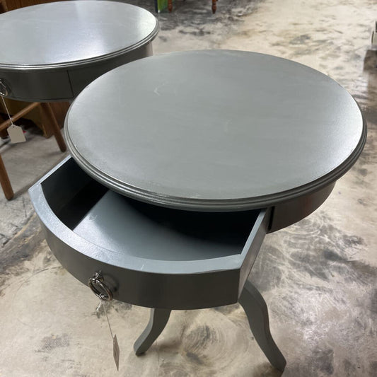 PAIR ROUND GRAY TABLES WITH DRAWER
