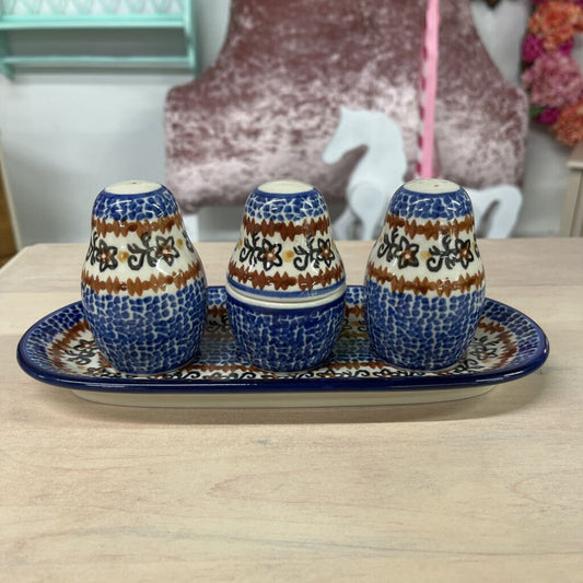 POLISH POTTERY S&P, TOOTH PICK OR SPICE HOLDER & TRAY