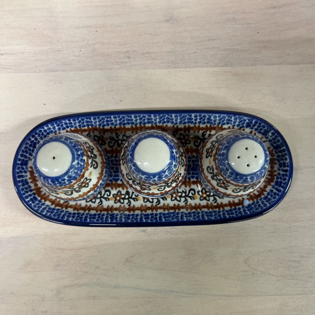 POLISH POTTERY S&P, TOOTH PICK OR SPICE HOLDER & TRAY