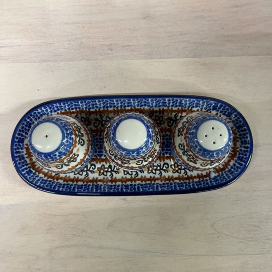 POLISH POTTERY S&P, TOOTH PICK OR SPICE HOLDER & TRAY