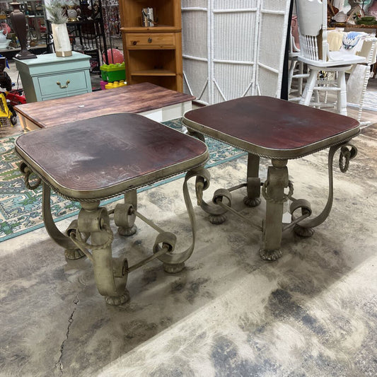 PAIR ORNATE WOODEN METAL SIDE TABLES