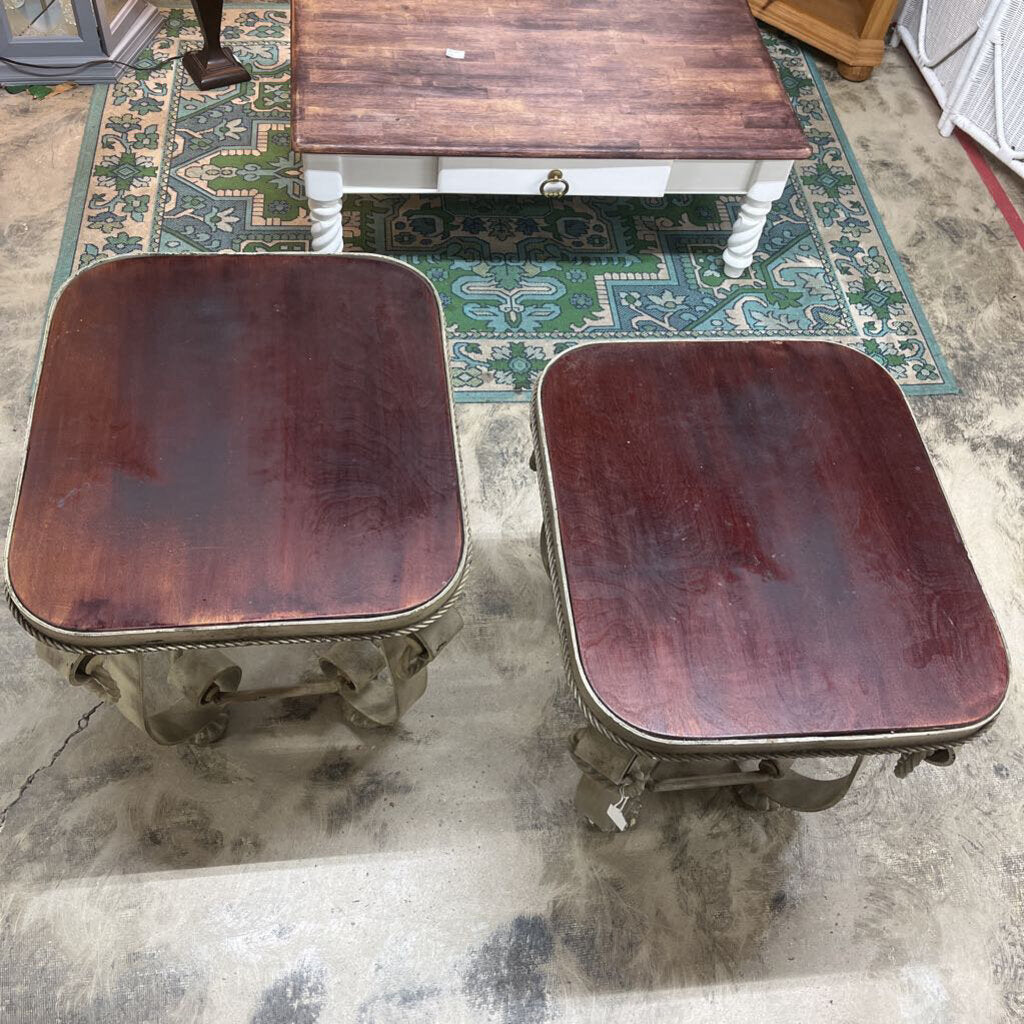 Pair Ornate Wooden Metal Side Tables