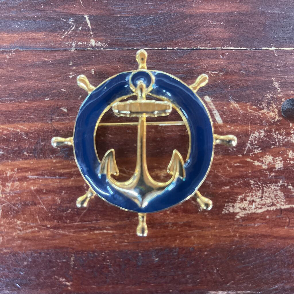 NAVY BLUE ENAMEL ANCHOR WHEEL BROOCH