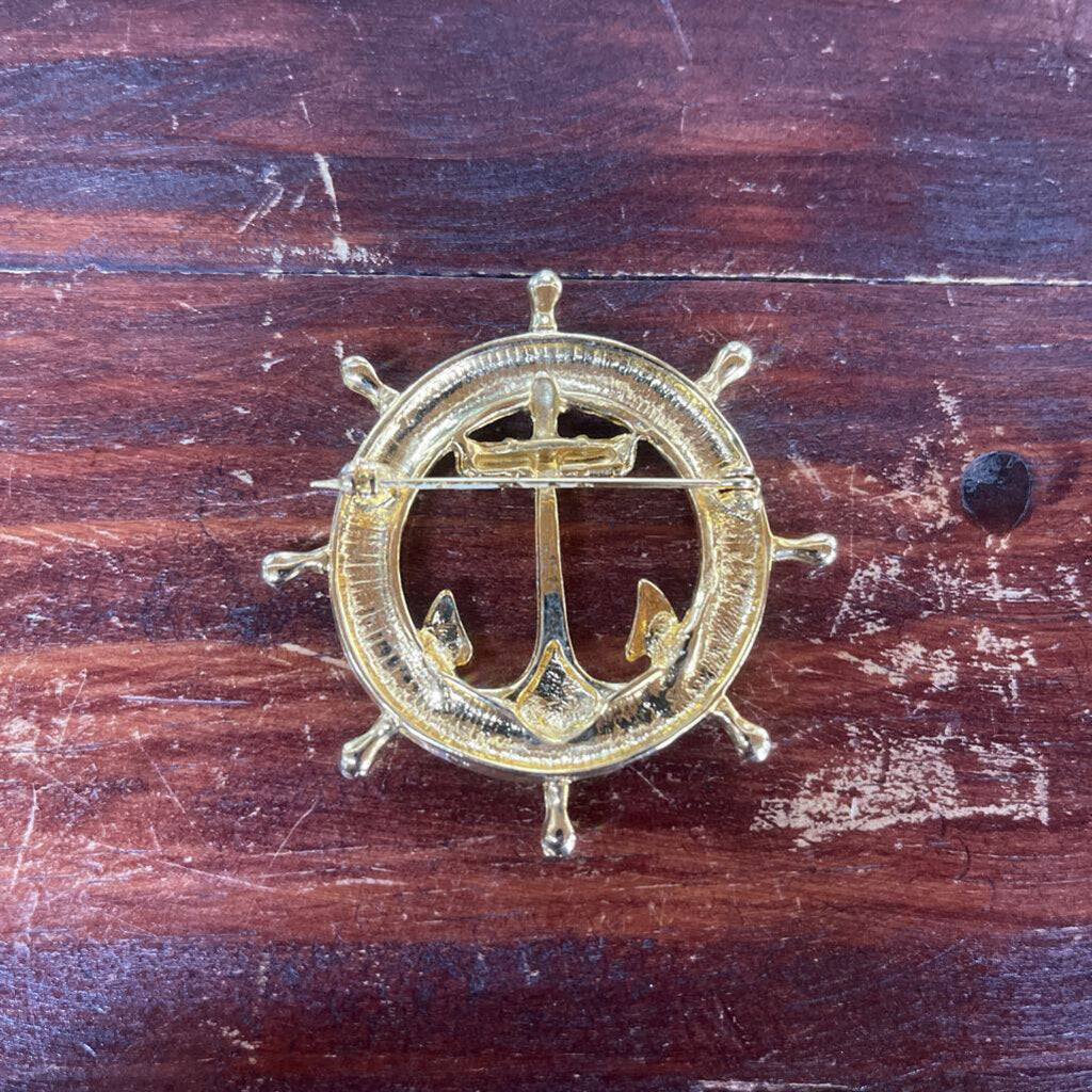 NAVY BLUE ENAMEL ANCHOR WHEEL BROOCH