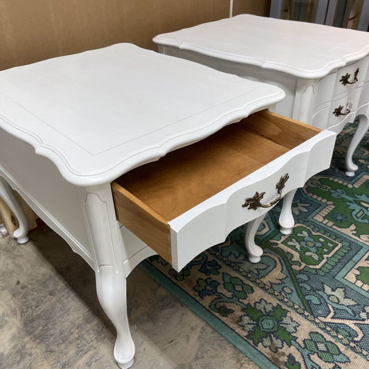 PAIR VINTAGE WHITE WOODEN FRENCH PROVINCIAL SIDE TABLES