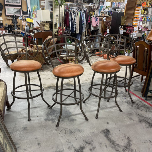 FOUR METAL ORANGE BARSTOOLS